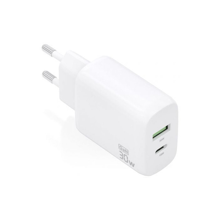 Cargador de Pared GaN Aisens A110-0923/ 1xUSB Tipo-C/ 1xUSB/ 30W/ Blanco | Cargadores hasta 45W