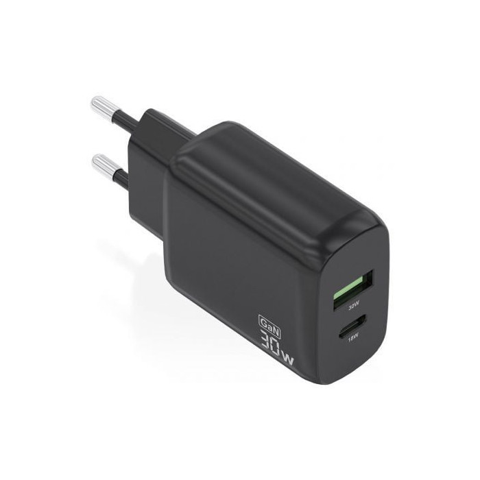 Cargador de Pared GaN Aisens A110-0924/ 1xUSB Tipo-C/ 1xUSB/ 30W/ Negro | Cargadores hasta 45W