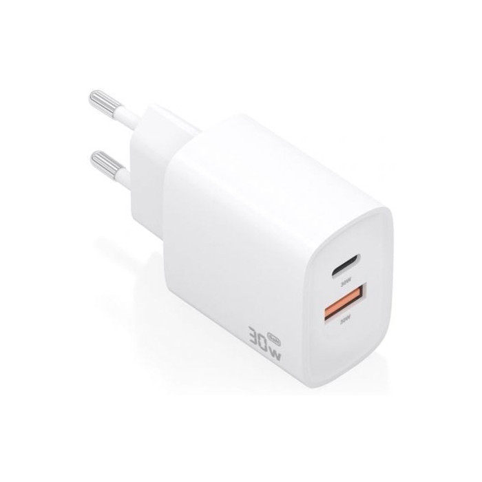Cargador de Pared GaN Aisens A110-0952/ 1xUSB Tipo-C/ 1xUSB/ 30W/ Blanco | Cargadores hasta 45W