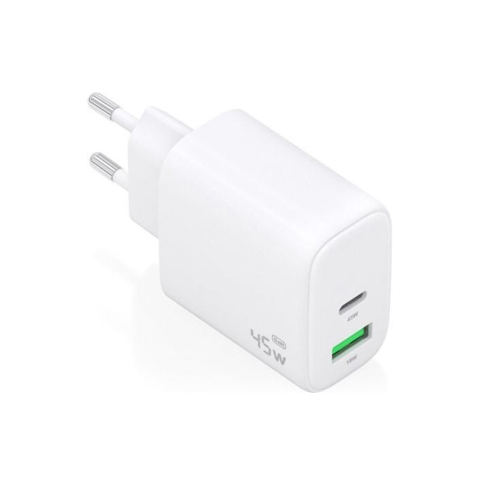Cargador de Pared GaN Aisens A110-0971/ 1xUSB Tipo-C/ 1xUSB/ 45W/ Blanco | Cargadores 45-60W