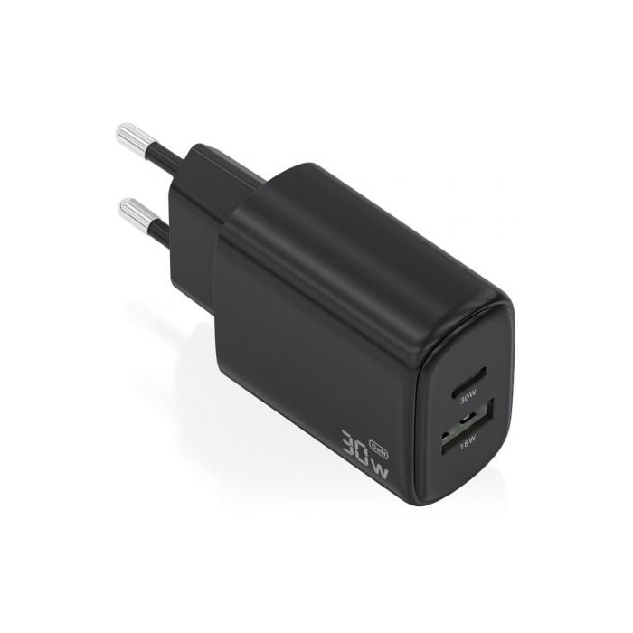 Cargador de Pared GaN Aisens A110-0978/ 1xUSB Tipo-C/ 1xUSB/ 30W/ Negro | Cargadores hasta 45W