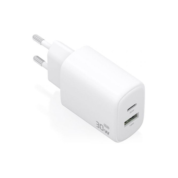 Cargador de Pared GaN Aisens A110-0977/ 1xUSB Tipo-C/ 1xUSB/ 30W/ Blanco | Cargadores hasta 45W