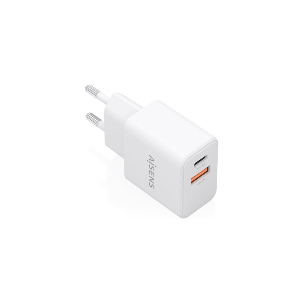 Cargador de Pared GaN Aisens A110-1025/ 1xUSB Tipo-C/ 1xUSB/ 20W/ Blanco | Cargadores hasta 45W