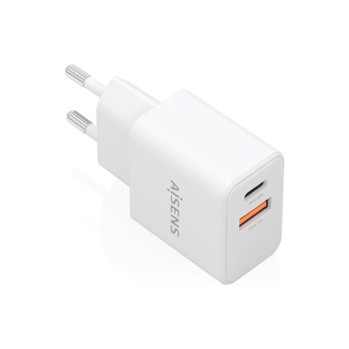 Cargador de Pared GaN Aisens A110-1025/ 1xUSB Tipo-C/ 1xUSB/ 20W/ Blanco | Cargadores hasta 45W
