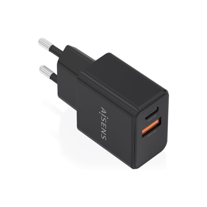 Cargador de Pared GaN Aisens A110-1026/ 1xUSB Tipo-C/ 1xUSB/ 20W/ Negro | Cargadores hasta 45W