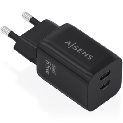 Cargador de Pared GaN Aisens A110-1030/ 2xUSB Tipo-C/ 65W/ Negro | Cargadores +60W
