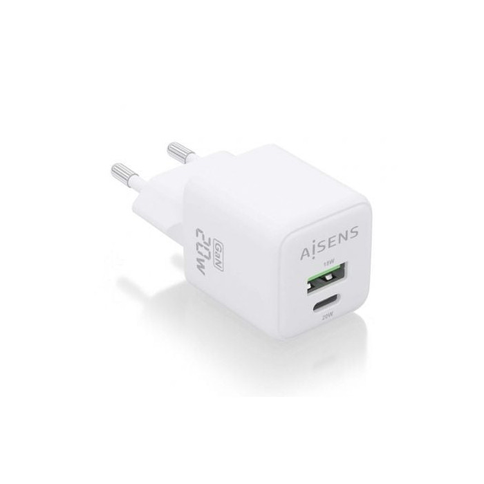 Cargador de Pared GaN Aisens ASCH-20W2P010-W/ 1xUSB Tipo-C/ 1xUSB/ 20W | Cargadores hasta 45W