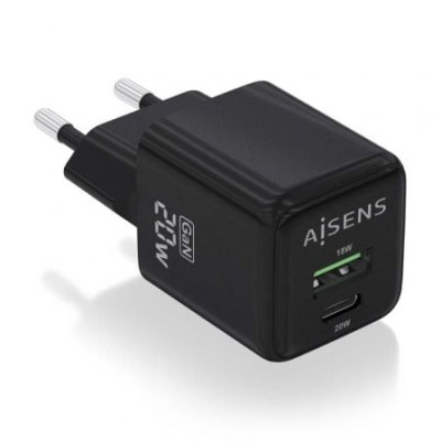 Cargador de Pared GaN Aisens ASCH-20W2P011-BK/ 1xUSB Tipo-C/ 1xUSB/ 20W | Cargadores hasta 45W