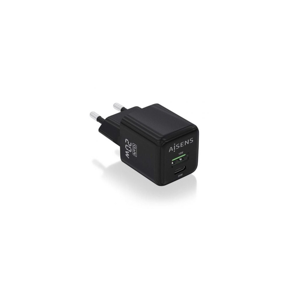 Cargador de Pared GaN Aisens ASCH-20W2P011-BK/ 1xUSB Tipo-C/ 1xUSB/ 20W | Cargadores hasta 45W