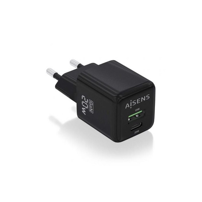 Cargador de Pared GaN Aisens ASCH-20W2P011-BK/ 1xUSB Tipo-C/ 1xUSB/ 20W | Cargadores hasta 45W