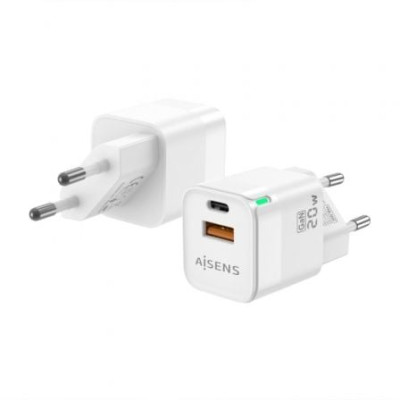 Cargador de Pared GaN Aisens ASCH-20W2P002-W/ 1xUSB Tipo-C/ 1xUSB/ 20W | Cargadores hasta 45W