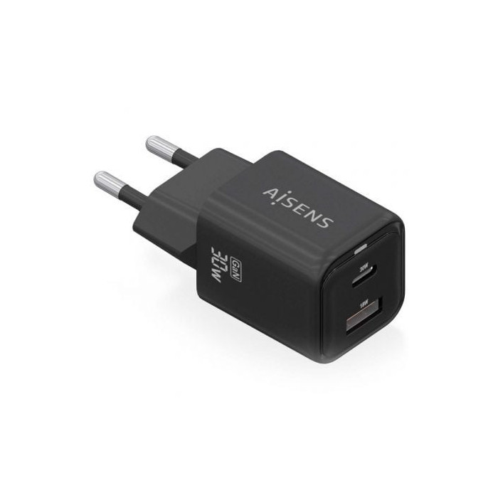 Cargador de Pared GaN Aisens ASCH-30W2P021-BK/ 1xUSB Tipo-C/ 1xUSB/ 30W | Cargadores hasta 45W