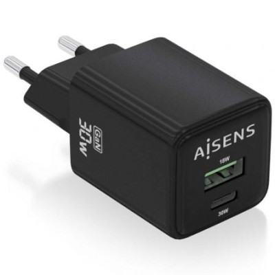 Cargador de Pared GaN Aisens ASCH-30W2P038-BK/ 1xUSB Tipo-C/ 1xUSB/ 30W | Cargadores hasta 45W