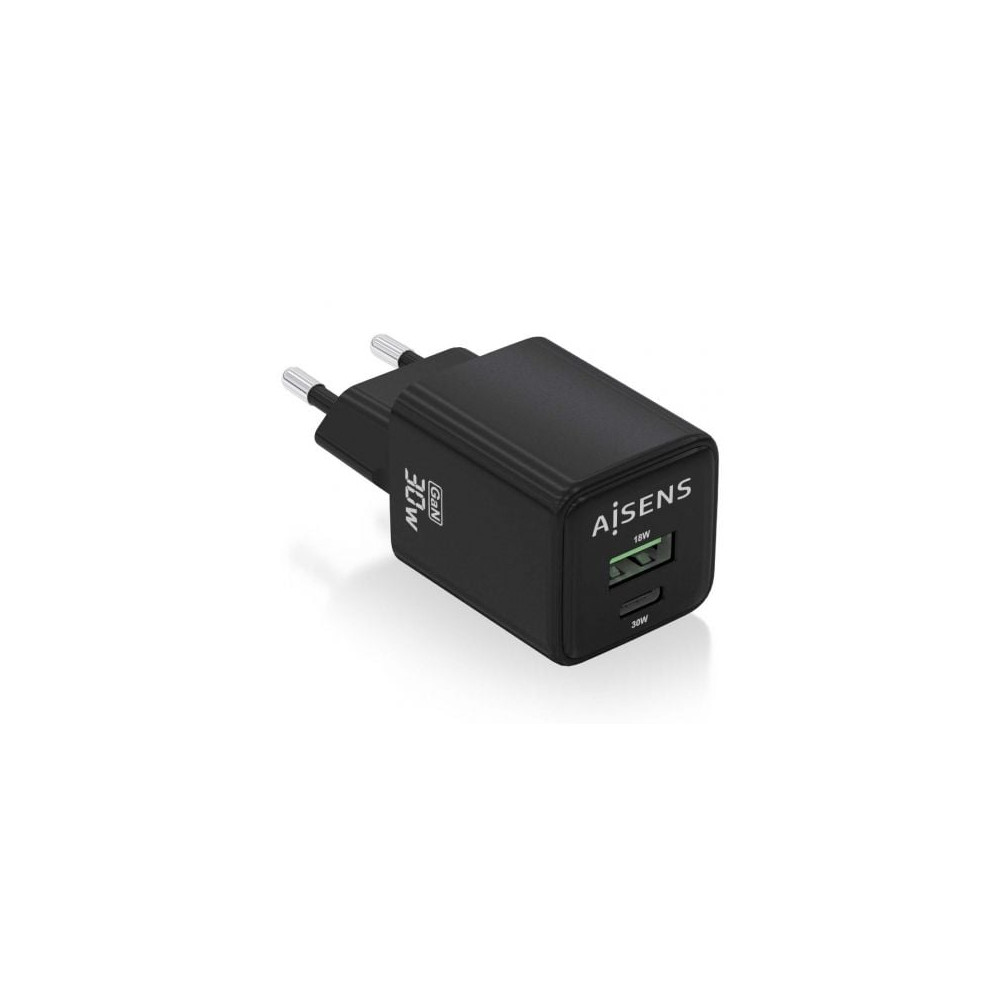 Cargador de Pared GaN Aisens ASCH-30W2P038-BK/ 1xUSB Tipo-C/ 1xUSB/ 30W | Cargadores hasta 45W
