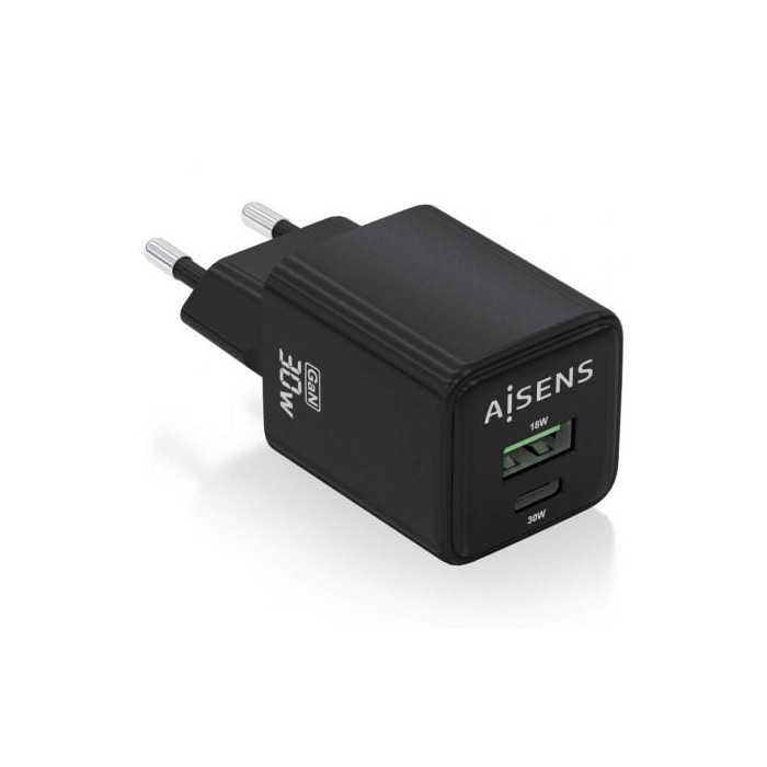Cargador de Pared GaN Aisens ASCH-30W2P038-BK/ 1xUSB Tipo-C/ 1xUSB/ 30W | Cargadores hasta 45W