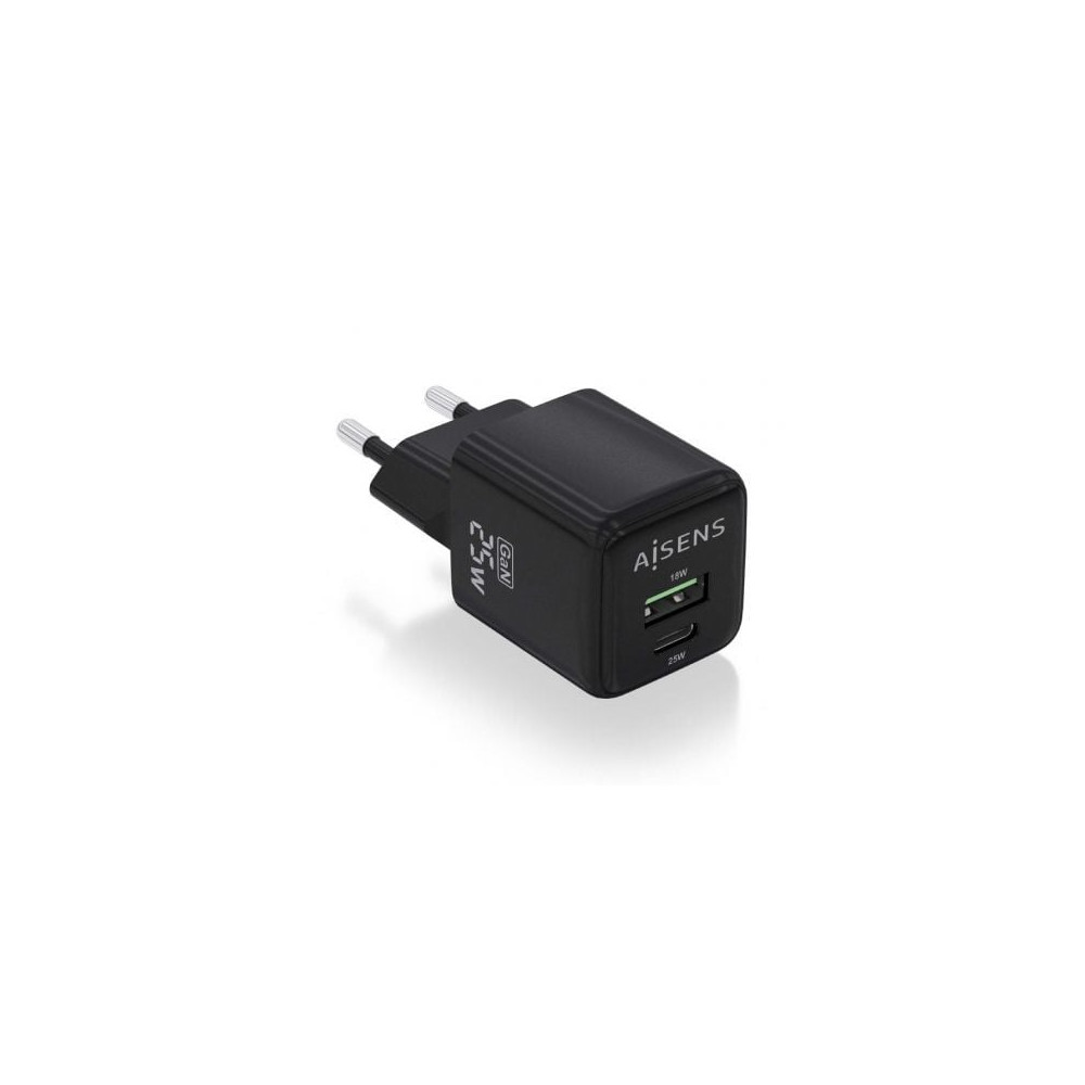 Cargador de Pared GaN Aisens ASCH-25W2P015-BK/ 1xUSB Tipo-C/ 1xUSB/ 25W | Cargadores hasta 45W