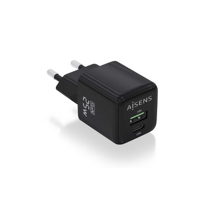 Cargador de Pared GaN Aisens ASCH-25W2P015-BK/ 1xUSB Tipo-C/ 1xUSB/ 25W | Cargadores hasta 45W