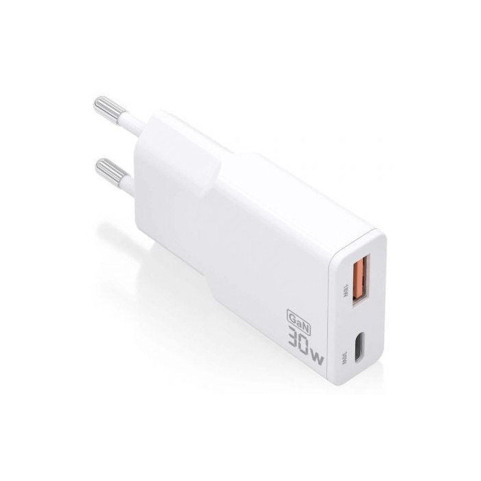 Cargador de Pared GaN Aisens ASCH-30W2P046-W/ 1xUSB Tipo-C/ 1xUSB/ 30W/ Blanco | Cargadores hasta 45W