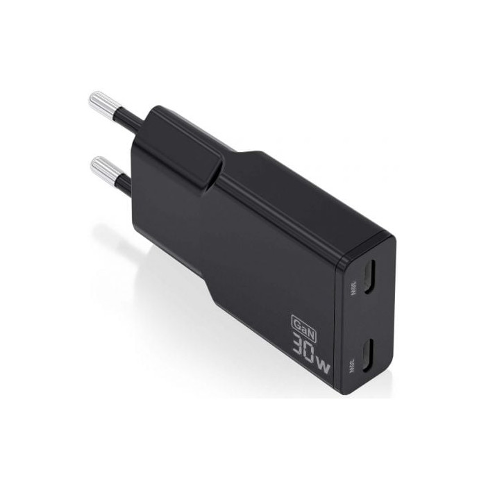 Cargador de Pared GaN Aisens ASCH-30W2P049-BK/ 2xUSB Tipo-C/ 30W/ Negro | Cargadores hasta 45W