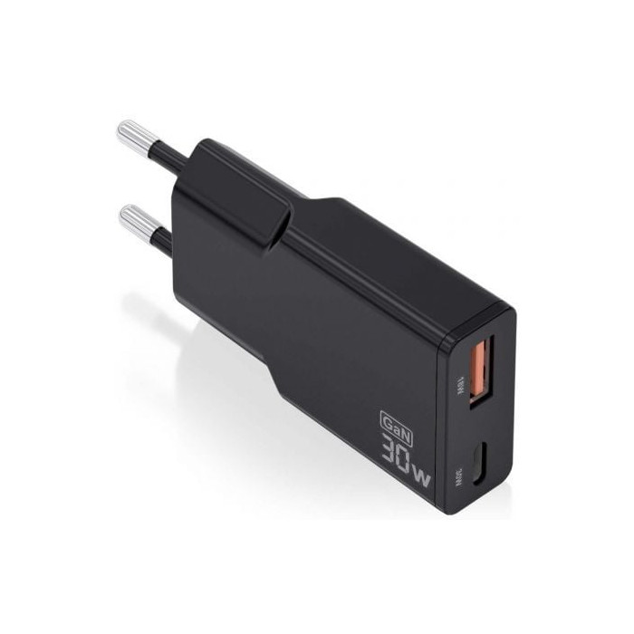 Cargador de Pared GaN Aisens ASCH-30W2P047-BK/ 1xUSB Tipo-C/ 1xUSB/ 30W/ Negro | Cargadores hasta 45W