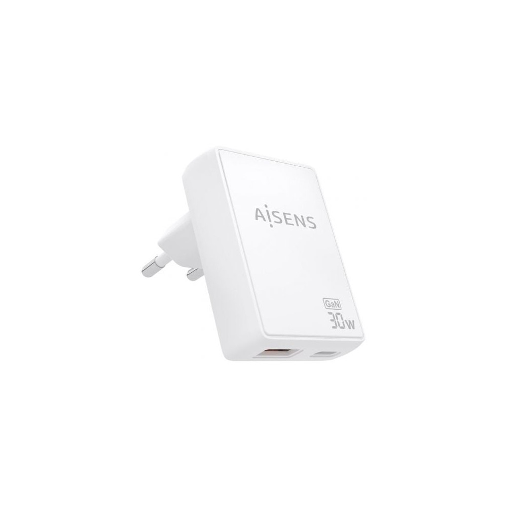 Cargador de Pared GaN Aisens ASCH-30W2P074-W/ 1xUSB Tipo-C/ 1xUSB/ 30W/ Blanco | Cargadores hasta 45W