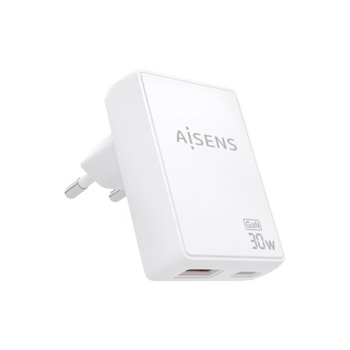 Cargador de Pared GaN Aisens ASCH-30W2P074-W/ 1xUSB Tipo-C/ 1xUSB/ 30W/ Blanco | Cargadores hasta 45W
