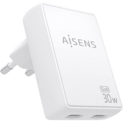 Cargador de Pared GaN Aisens ASCH-30W2P075-W/ 2xUSB Tipo-C/ 30W/ Blanco | Cargadores hasta 45W