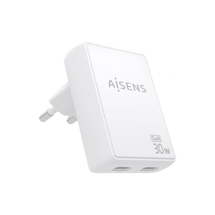 Cargador de Pared GaN Aisens ASCH-30W2P075-W/ 2xUSB Tipo-C/ 30W/ Blanco | Cargadores hasta 45W