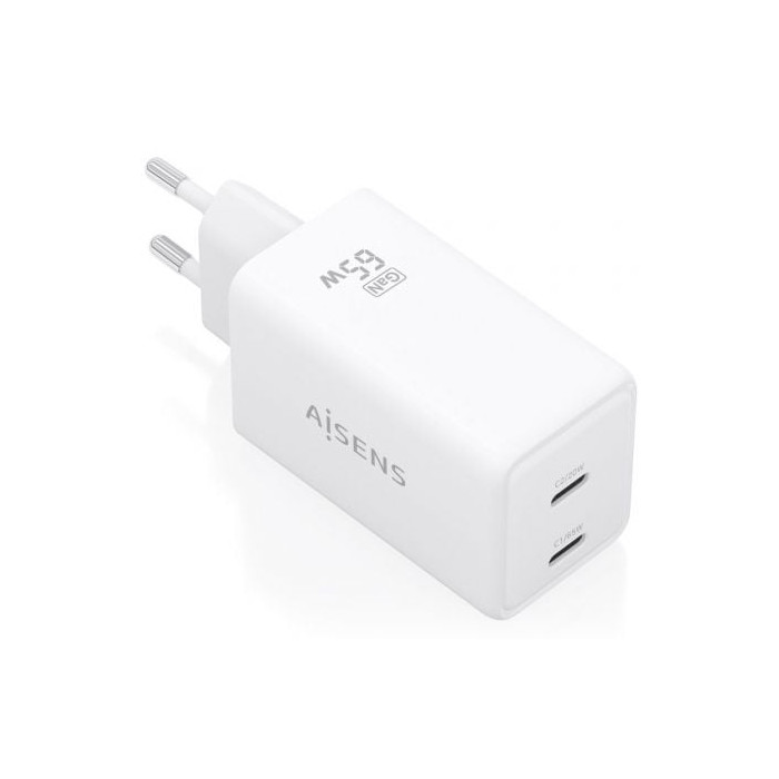 Cargador de Pared GaN Aisens ASCH-65W2P078-W/ 2xUSB Tipo-C/ 65W/ Blanco | Cargadores +60W