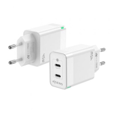 Cargador de Pared GaN Aisens ASCH-45W2P005-W/ 2xUSB Tipo-C/ 45W | Cargadores 45-60W