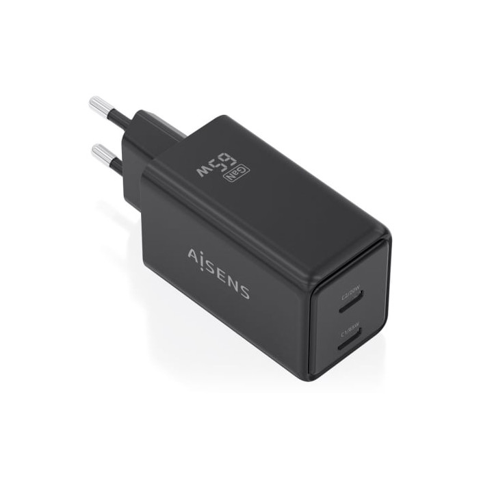 Cargador de Pared GaN Aisens ASCH-65W2P079-BK/ 2xUSB Tipo-C/ 65W/ Negro | Cargadores +60W