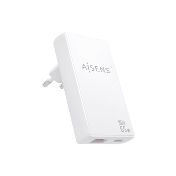 Cargador de Pared GaN Aisens ASCH-65W2P076-W/ 1xUSB Tipo-C/ 1xUSB/ 65W/ Blanco | Cargadores +60W