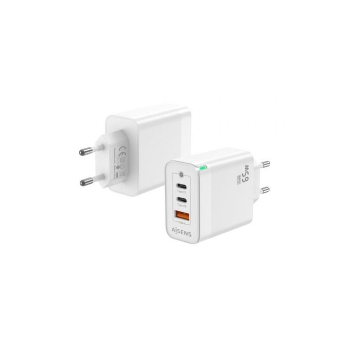 Cargador de Pared GaN Aisens ASCH-65W3P007-W/ 2xUSB Tipo-C/ 1x USB/ 65W | Cargadores +60W