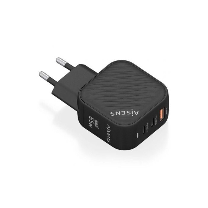 Cargador de Pared GaN Aisens ASCH-65W3P027-BK/ 2xUSB Tipo-C/ 1xUSB/ 65W | Cargadores +60W