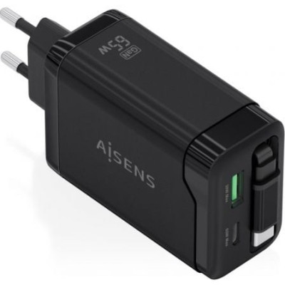 Cargador de Pared GaN Aisens ASCH-65W3P071-BK/ 1xUSB Tipo-C/ 1xUSB/ 65W/ Negro | Cargadores +60W
