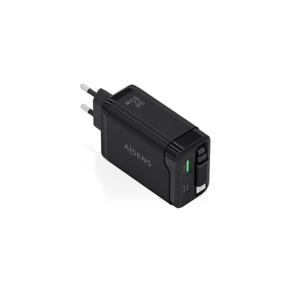 Cargador de Pared GaN Aisens ASCH-65W3P071-BK/ 1xUSB Tipo-C/ 1xUSB/ 65W/ Negro | Cargadores +60W