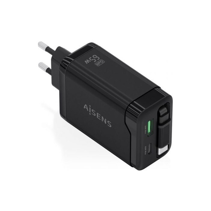 Cargador de Pared GaN Aisens ASCH-65W3P071-BK/ 1xUSB Tipo-C/ 1xUSB/ 65W/ Negro | Cargadores +60W
