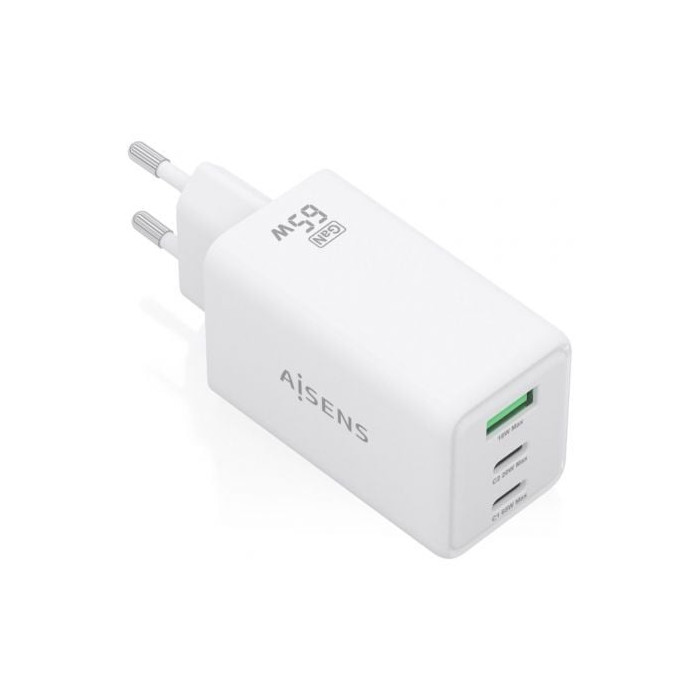Cargador de Pared GaN Aisens ASCH-65W3P072-W/ 2xUSB Tipo-C/ 1xUSB/ 65W/ Blanco | Cargadores +60W