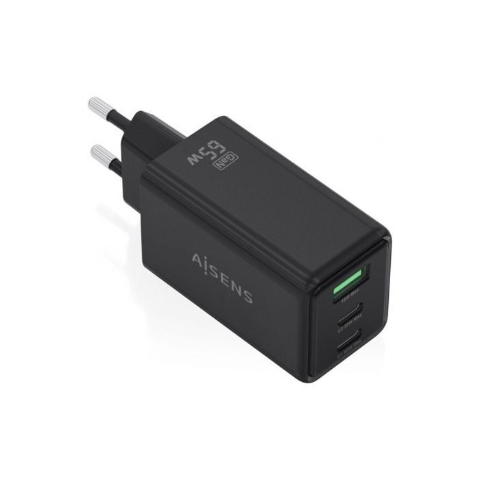 Cargador de Pared GaN Aisens ASCH-65W3P073-BK/ 2xUSB Tipo-C/ 1xUSB/ 65W/ Negro | Cargadores +60W