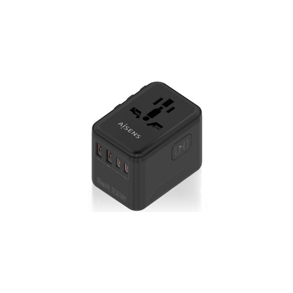 Cargador de Pared Universal GaN para Viaje Aisens ASPS-2A2C08-BK/ Toma de Corriente Universal/ 2xUSB Tipo-C/ 2xUSB/ 25W | Cargad