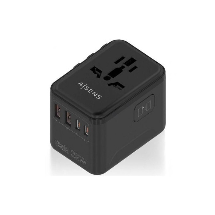 Cargador de Pared Universal GaN para Viaje Aisens ASPS-2A2C08-BK/ Toma de Corriente Universal/ 2xUSB Tipo-C/ 2xUSB/ 25W | Cargad