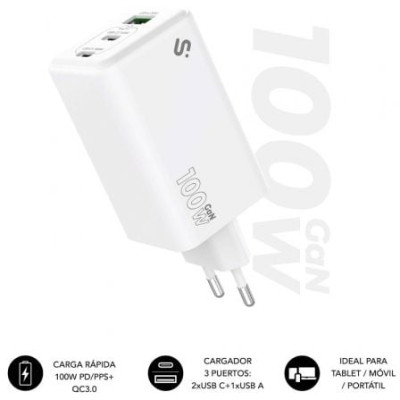 Cargador de Pared GaN Subblim 100W Charger USB C+C+A/ 2xUSB Tipo-C/ 1xUSB/ 100W | Cargadores +60W