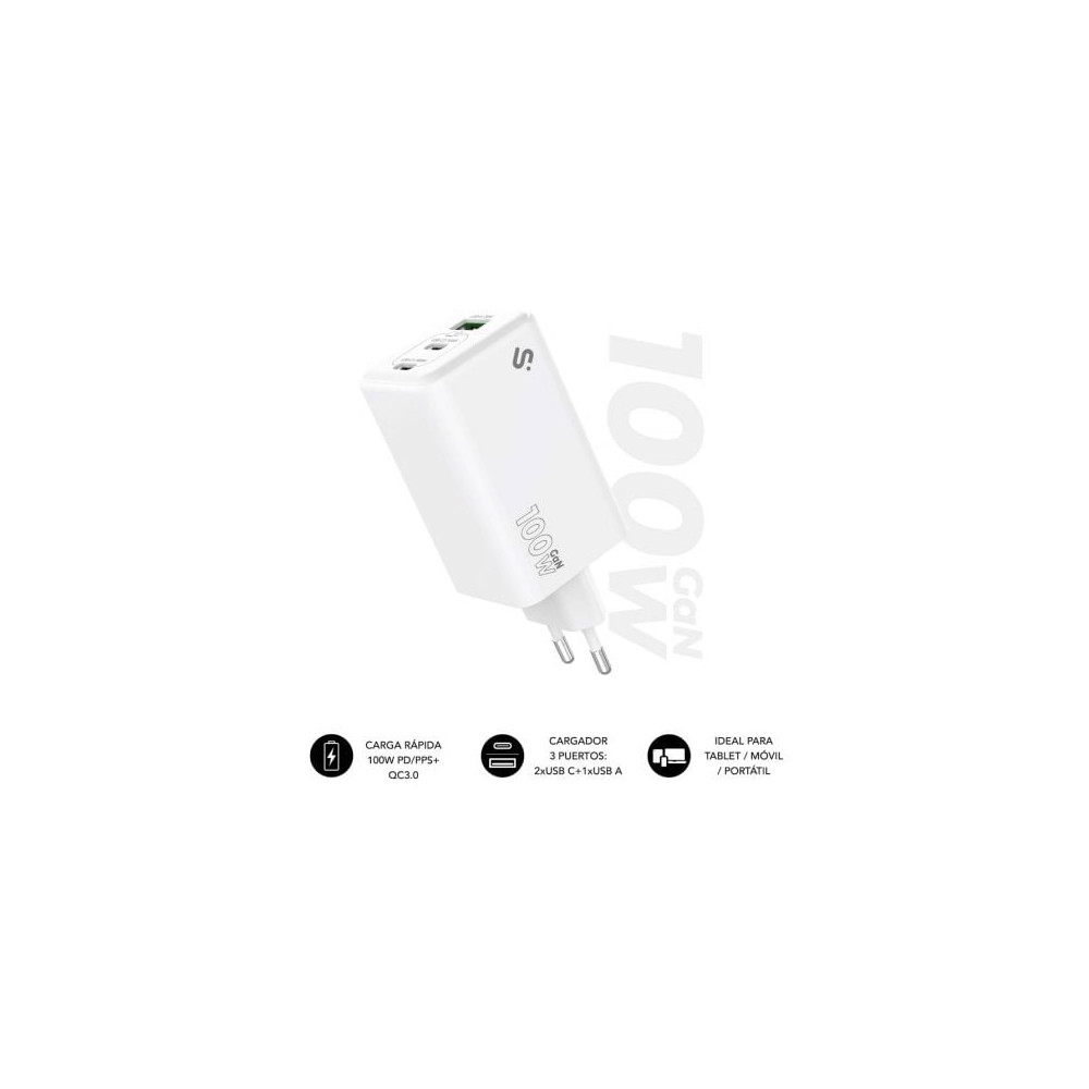 Cargador de Pared GaN Subblim 100W Charger USB C+C+A/ 2xUSB Tipo-C/ 1xUSB/ 100W | Cargadores +60W