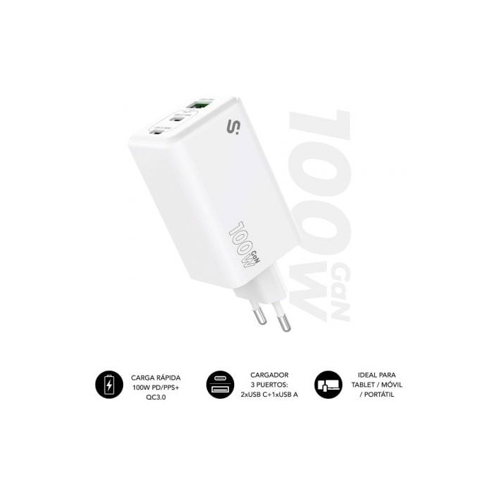 Cargador de Pared GaN Subblim 100W Charger USB C+C+A/ 2xUSB Tipo-C/ 1xUSB/ 100W | Cargadores +60W