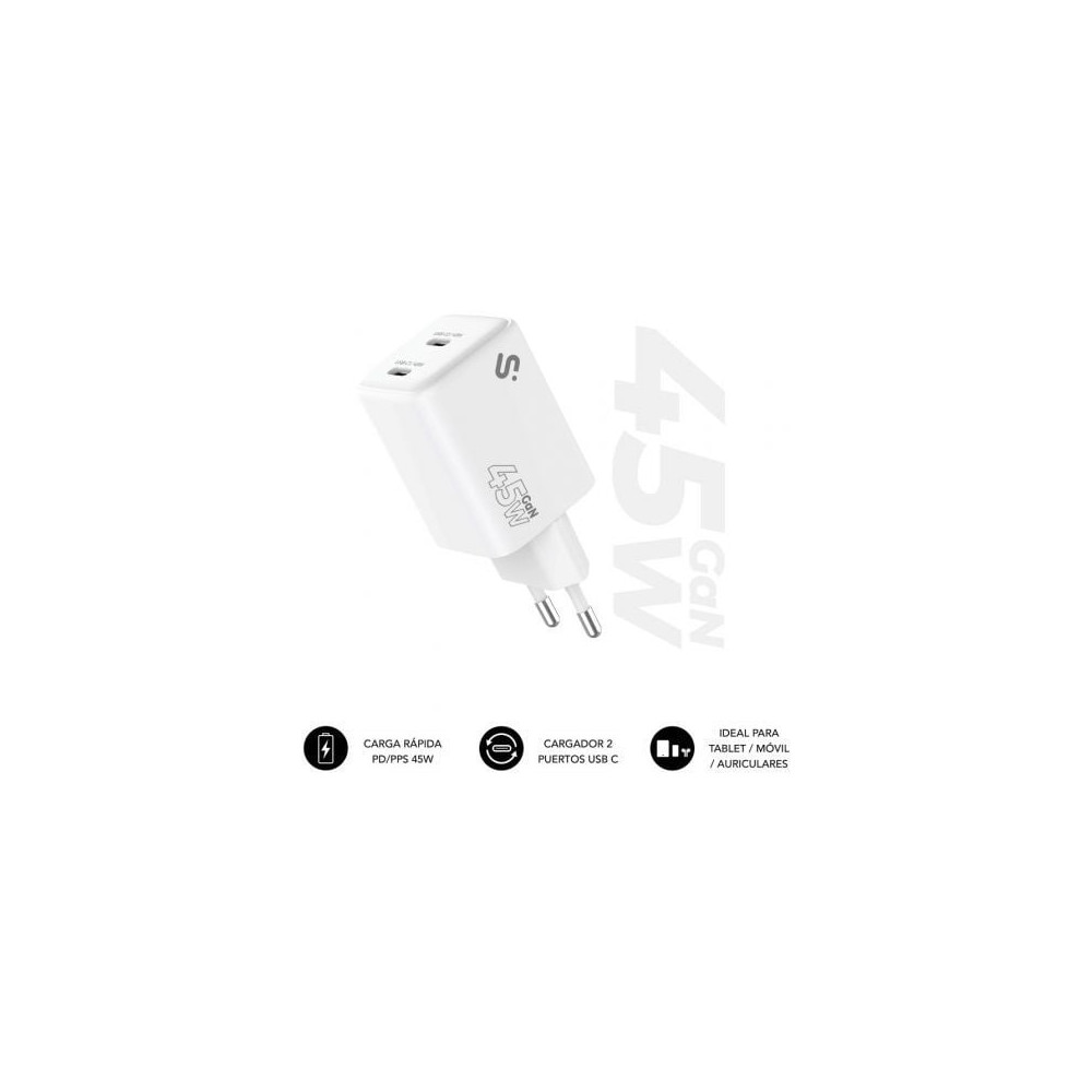 Cargador de Pared GaN Subblim 45W Charger USB C+C/ 2xUSB Tipo-C/ 45W | Cargadores 45-60W