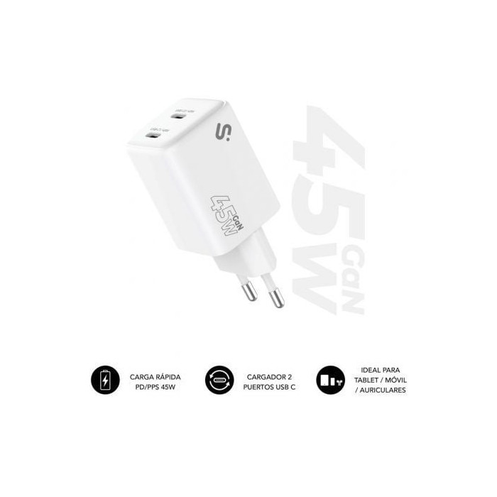 Cargador de Pared GaN Subblim 45W Charger USB C+C/ 2xUSB Tipo-C/ 45W | Cargadores 45-60W