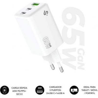 Cargador de Pared GaN Subblim 65W Charger USB C+C+A/ 2xUSB Tipo-C/ 1xUSB/ 65W | Cargadores +60W