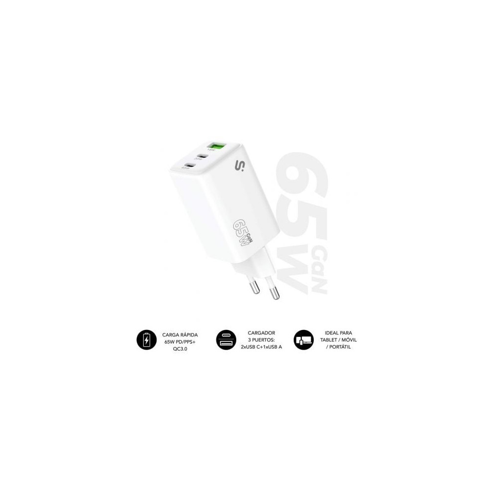 Cargador de Pared GaN Subblim 65W Charger USB C+C+A/ 2xUSB Tipo-C/ 1xUSB/ 65W | Cargadores +60W