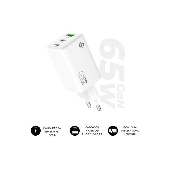 Cargador de Pared GaN Subblim 65W Charger USB C+C+A/ 2xUSB Tipo-C/ 1xUSB/ 65W | Cargadores +60W