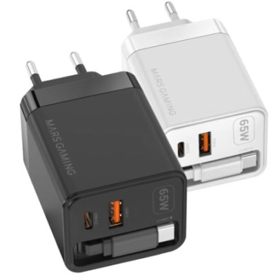 Cargador de Pared GaN Mars Gaming MD-GAN65R/ 1xUSB Tipo-C/ 1xUSB/ 65W/ Negro | Cargadores +60W